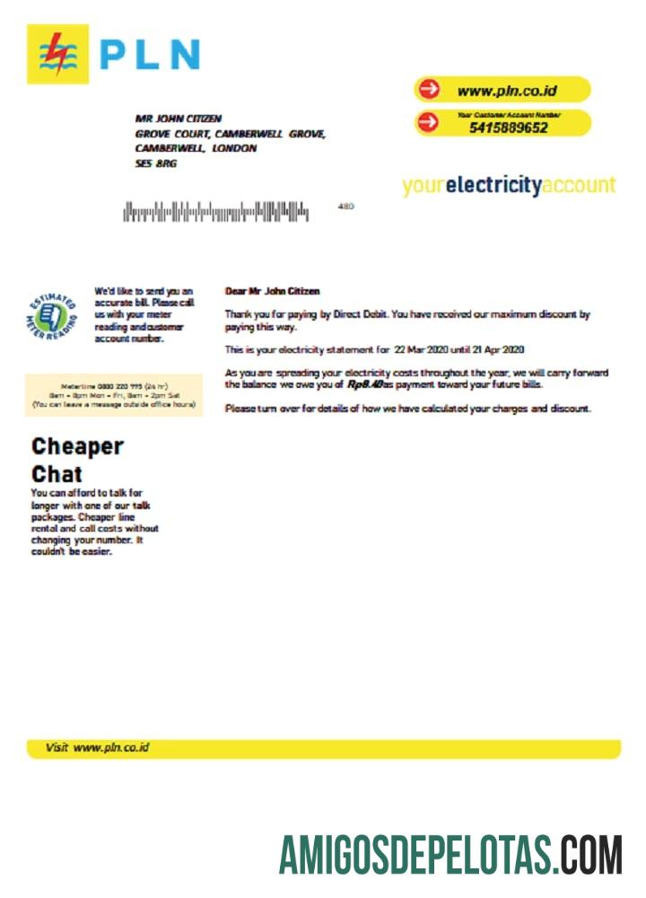 Em branco modelo de conta de serviço público de eletricidade PLN da Indonésia em formato Word e PDF